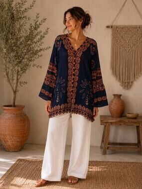 ibBan Handmade Cotton Tunic Cover Up Boho Beach Kaftan Palm Print Free Size